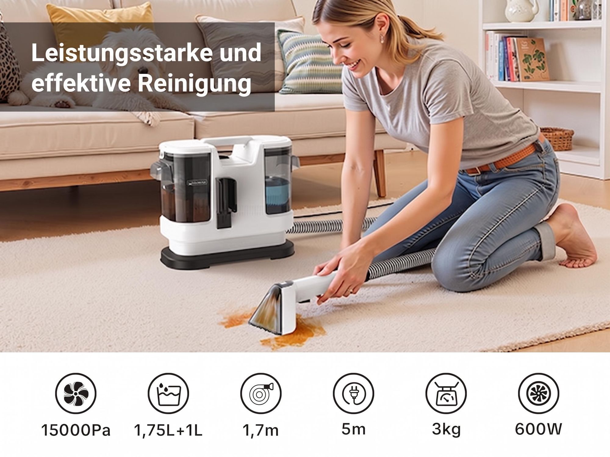 Lubluelu A6 3-in-1 Polsterreiniger Waschsauger Teppichreiniger 15000Pa 600W, 1,75L+1L Doppeltank, Fleckenreiniger für Sofa, Polster & Auto