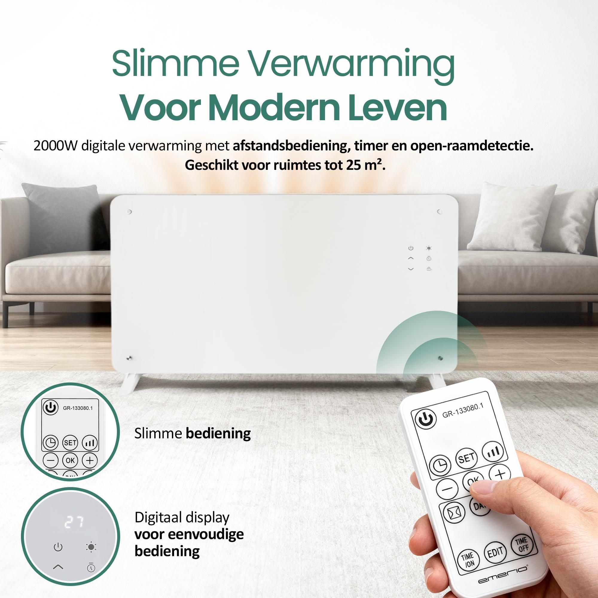 Emerio Glazen Radiator – 25 m² – 2000W – 2 Standen – Timer – Afstandsbediening – IP24 – Omvalbeveiliging – Hangend of staand – Display – GR-133080.1