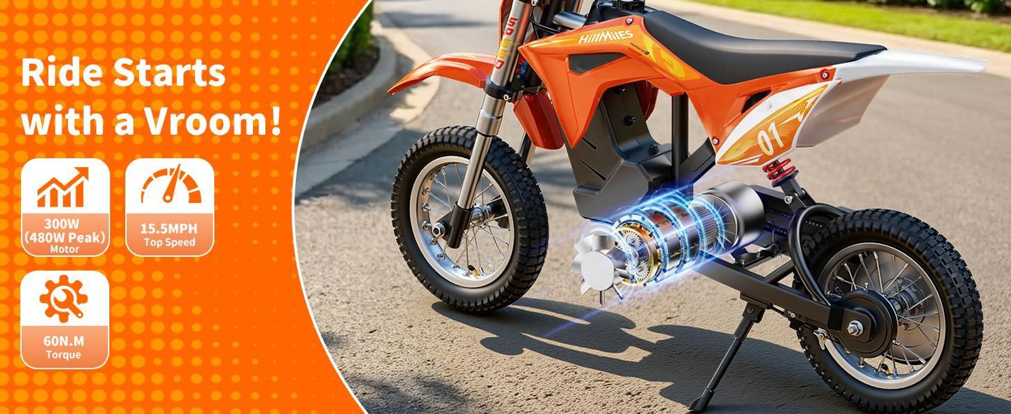 Elektryczny motocykl HillMiles dla dzieci w wieku 4–12 lat z akumulatorem 36 V 4 Ah, zasięgiem 20 km, podwójnym zawieszeniem, 3-biegową skrzynią biegów, MileRocket 1