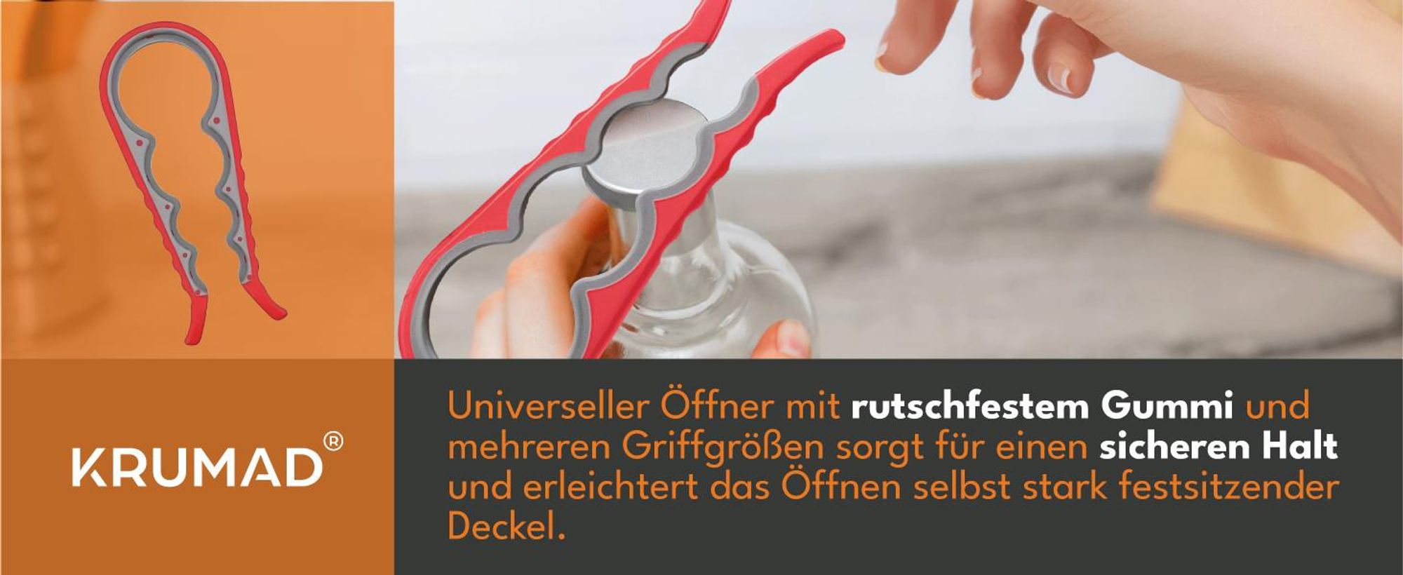 KRUMAD Deckelöffner Universal, ergonomischer Schraubglasöffner & Flaschenöffner mit rutschfestem Griff, Küchenhelfer für Senioren & Arthritis