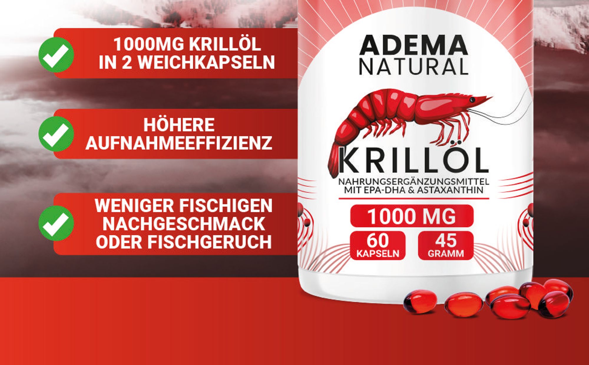 Adema Natural® Krillöl – Omega 3 - Astaxanthin – Entzündungen reduzieren – Arthrose – Krill Öl – unterstützt Herz, Gehirn und Gelenke – Immunsystem
