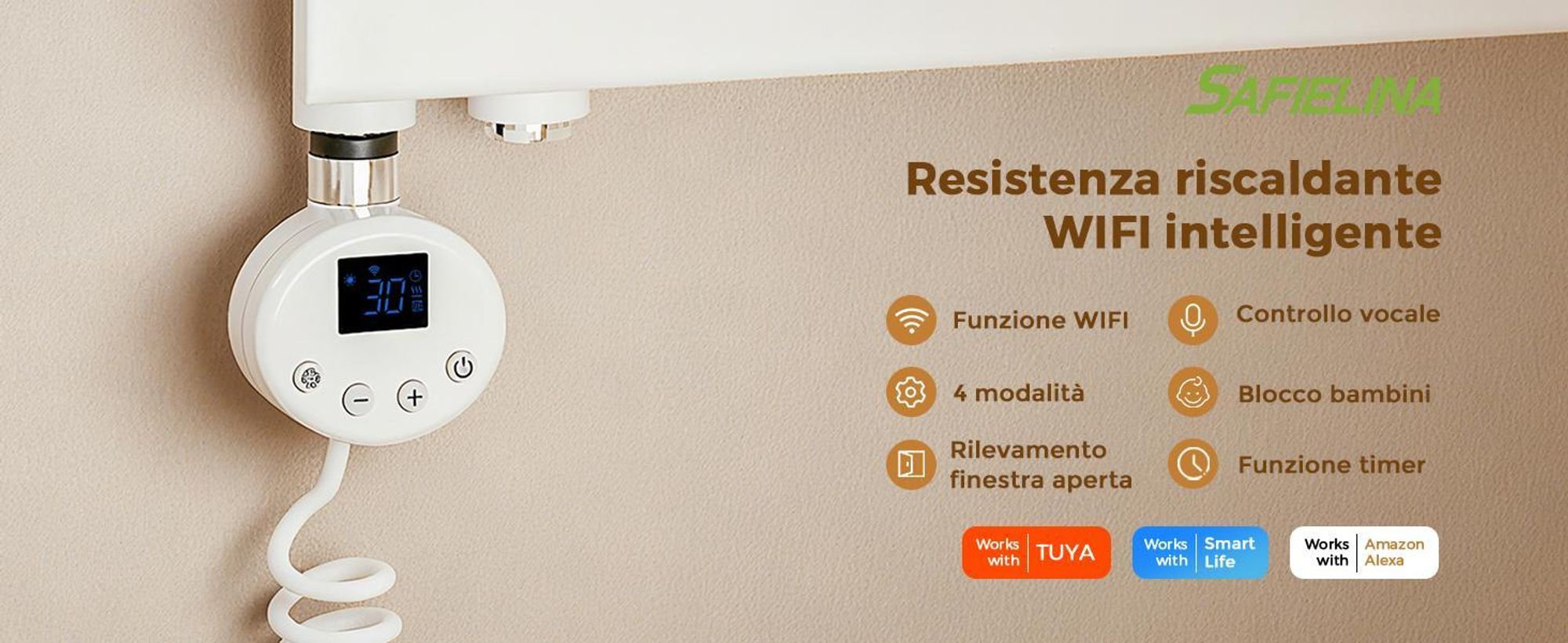 S'AFIELINA riscaldatore a immersione con termostato 900W, timer programmabile e display LCD, WiFi, per radiatori bagno, acciaio inox, controllo intelligente, bianco