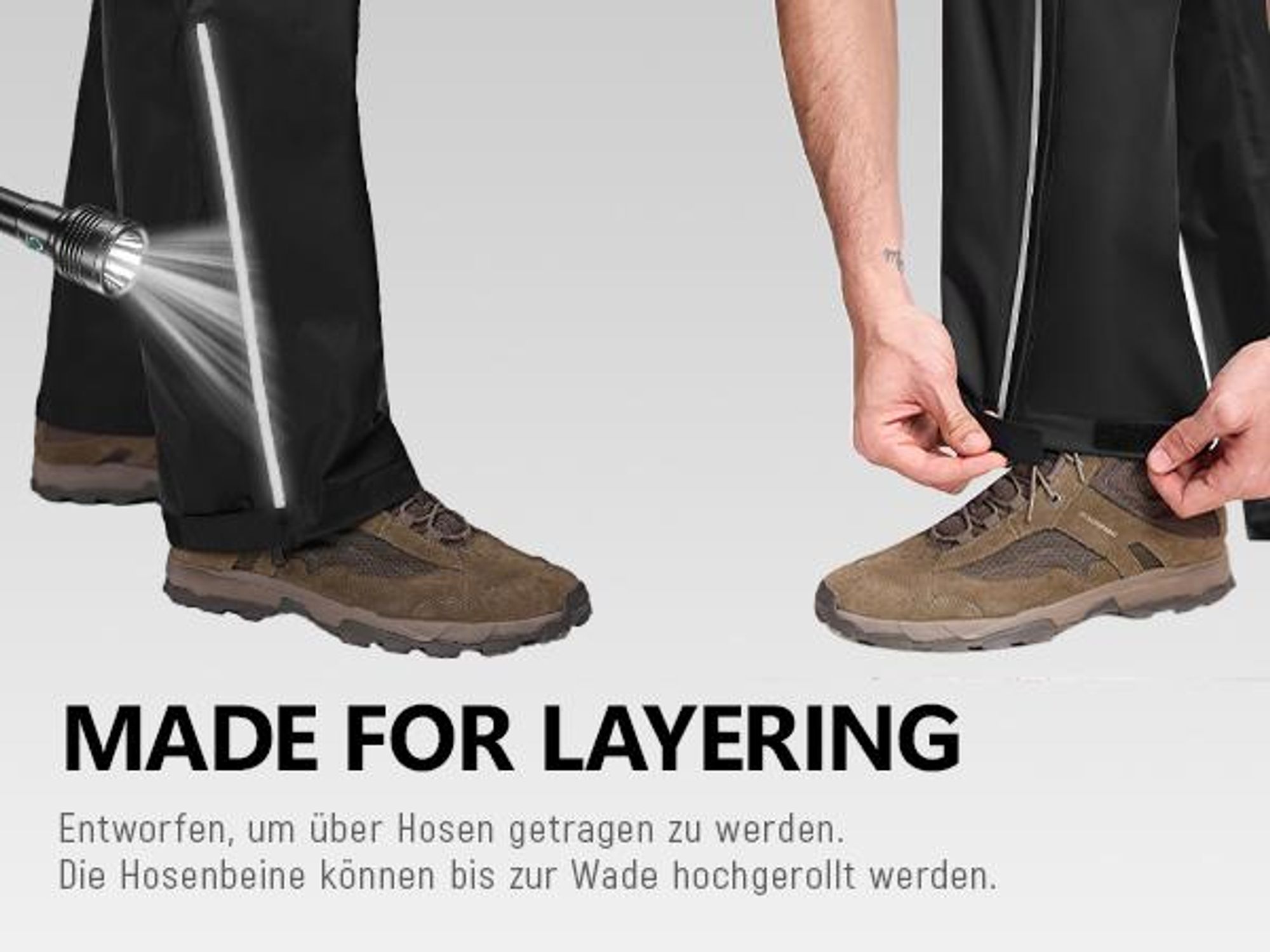 BUBW Herren Outdoor Regenhose Schwarz L, wasserdicht winddicht, leichte packbare Hose mit reflektierenden Streifen zum Wandern Radfahren Angeln