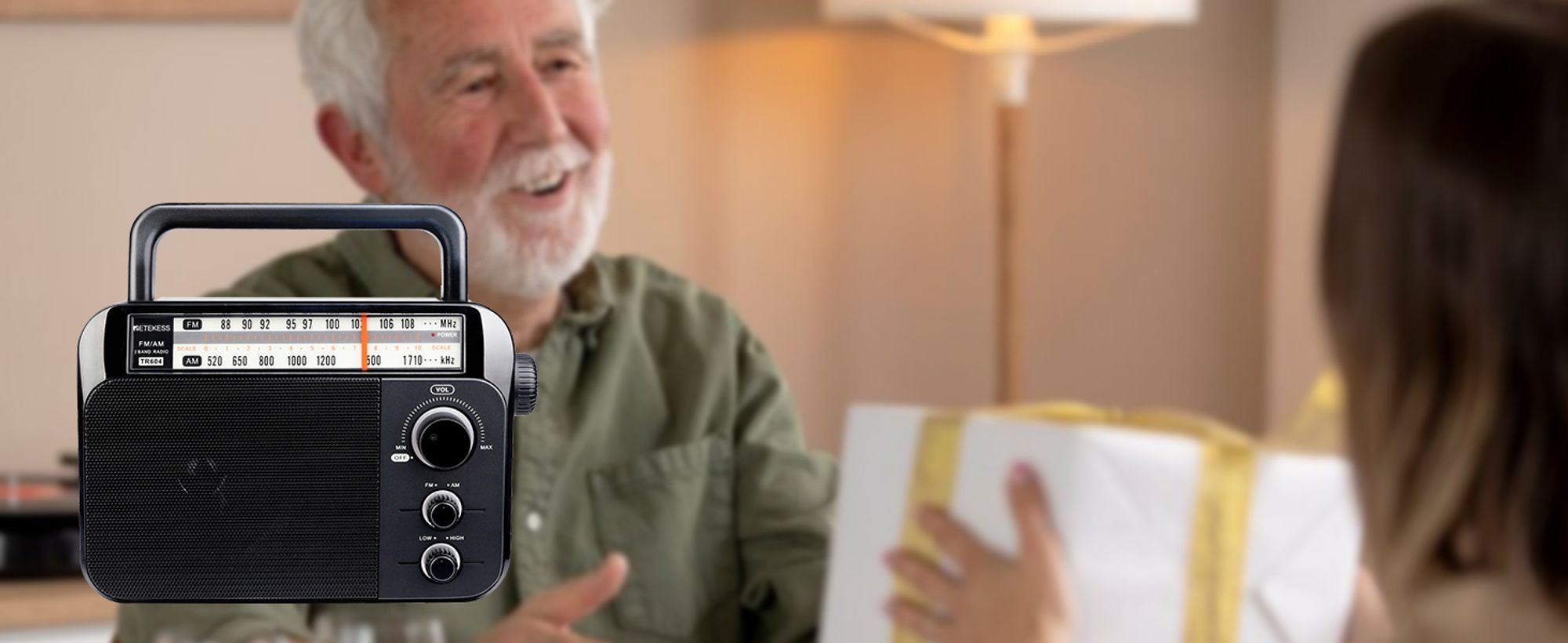 Retekess TR604 Tragbares Radio,AM FM Radio,Großer Knopf,Netzkabel oder Batteriebetrieb,Großer Lautsprecher Einstellbare Höhen Bässe Radio für Senioren