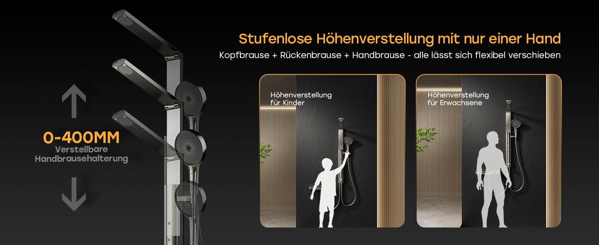 HOROW RainFlexi S2 Duschpaneel mit Thermostat, Grau Regendusche mit Klappbaren Kopfbrause, Höhenverstellbares Duschsystem