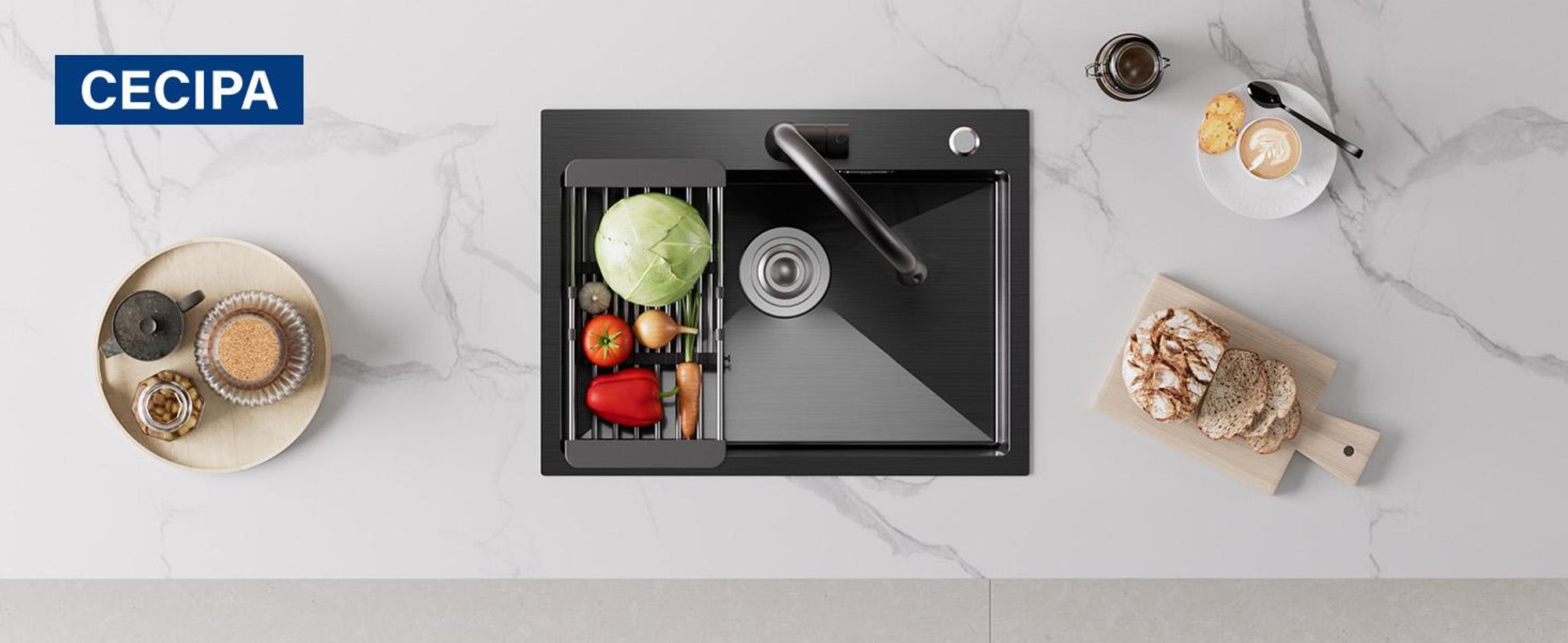 Cecipa MAX Edelstahlspüle 60x45 cm schwarz, Küchenspüle Einbauspüle mit Abtropfkorb, robust, pflegeleicht, für 60er Unterschrank, Modernes Design