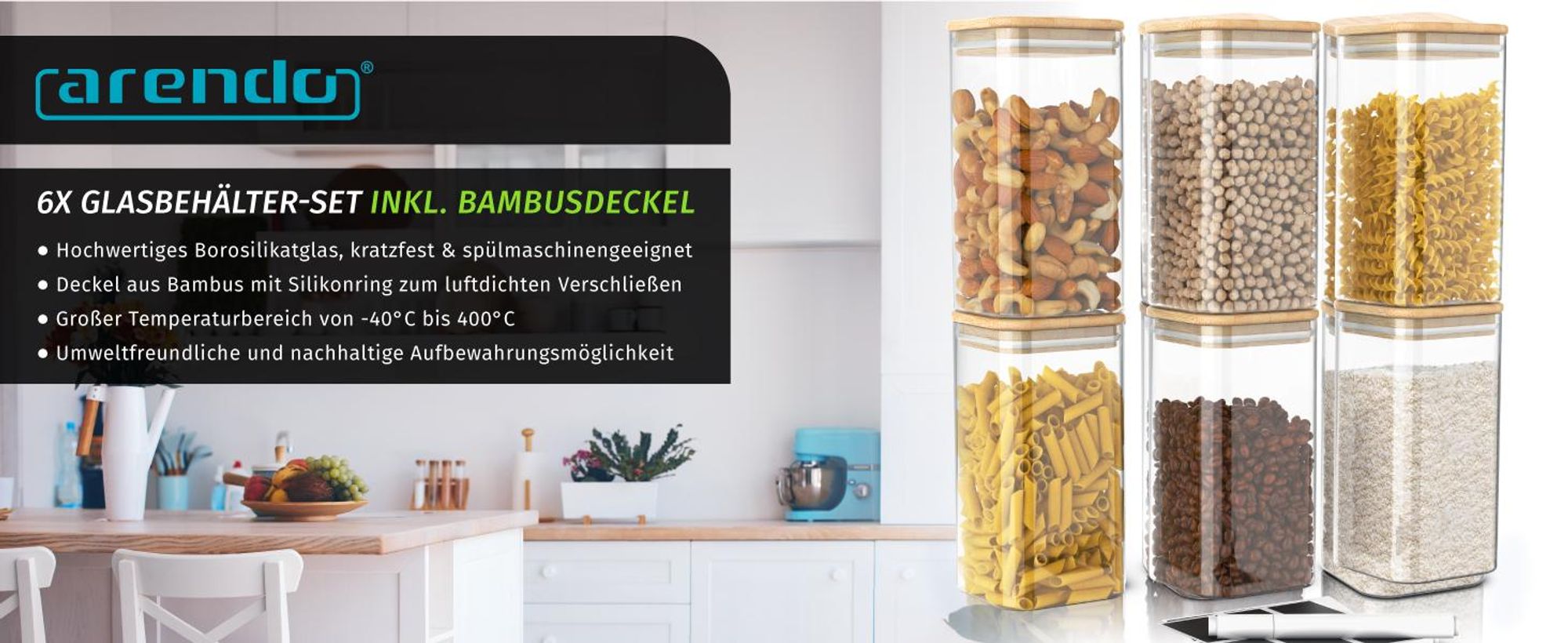 Arendo Vorratsgläser, Glasbehälter-Set 6x 2L Borosilikat mit Deckel, Aufklebern & Textmarker, 6er Set, Hitzebeständig, luftdicht, mikrowellengeeignet, spülmaschinenfest