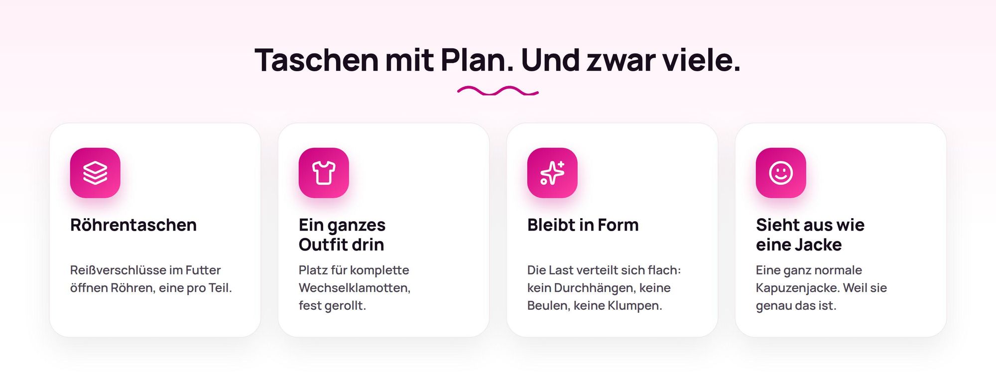 Ryanwear Packjacke Vorteile: Röhrentaschen, ganzes Outfit, bleibt in Form, Alltagslook