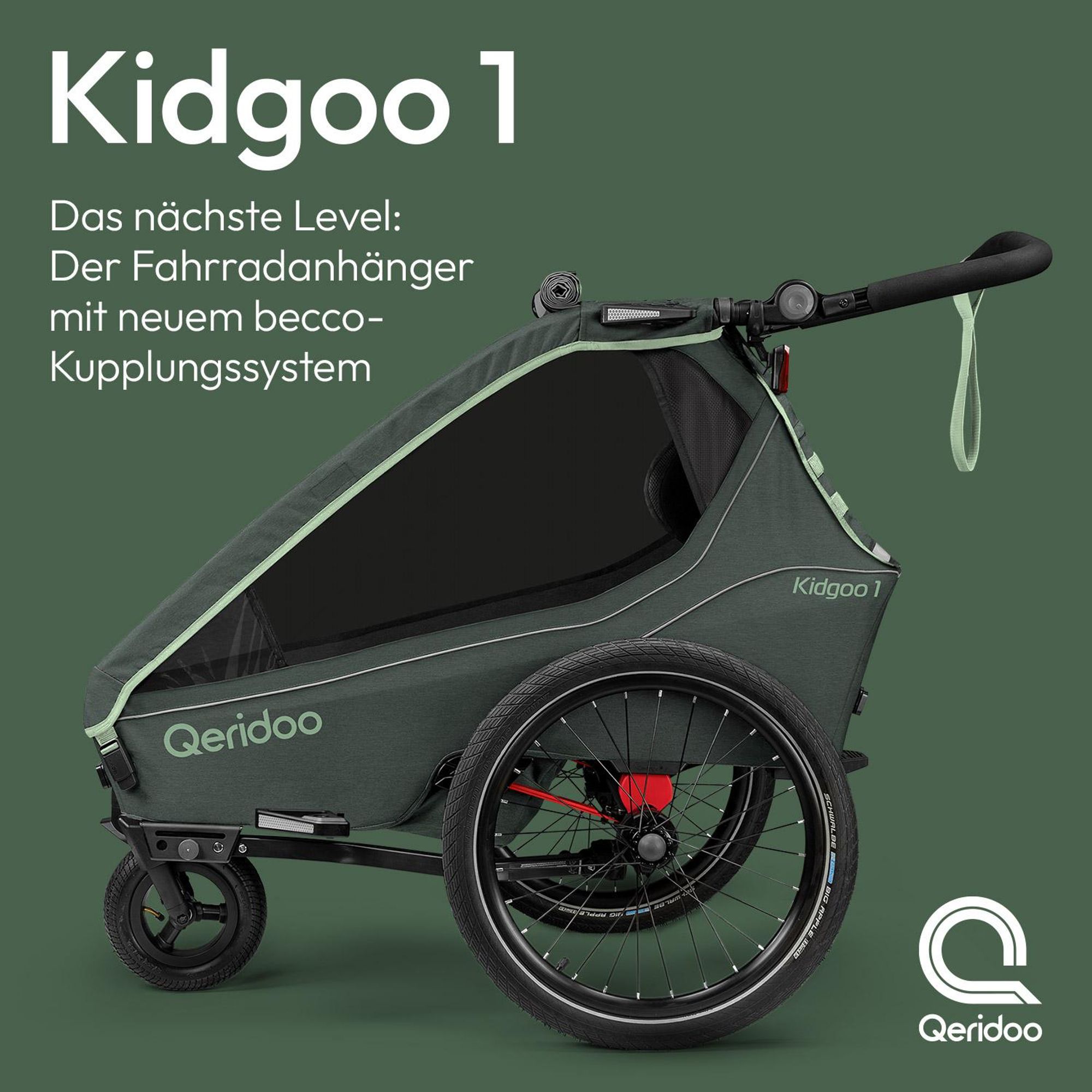 Qeridoo Kidgoo 1 - Kinderfahrradanhänger für 1 Kind, Farbe: Forest Green
