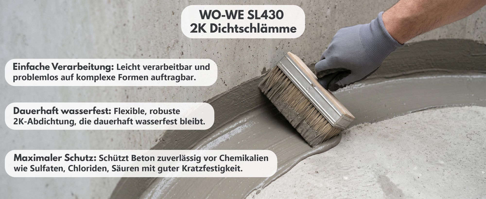 WO-WE SL430 2K Dichtschlämme beim Auftragen auf Betonfläche im Poolbereich