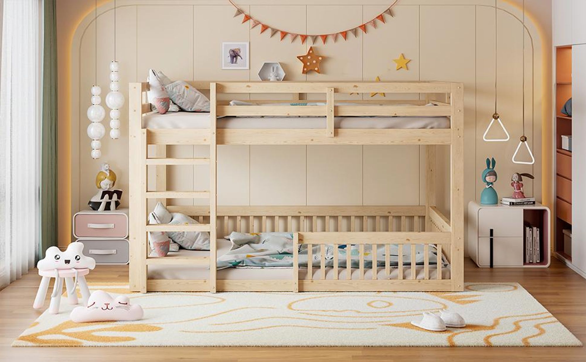 Merax Etagenbett 160x200 cm, Kinderbett mit Geländern, Massivholz Doppelbett, Stockbett, Kinderbett, Holz, Natur