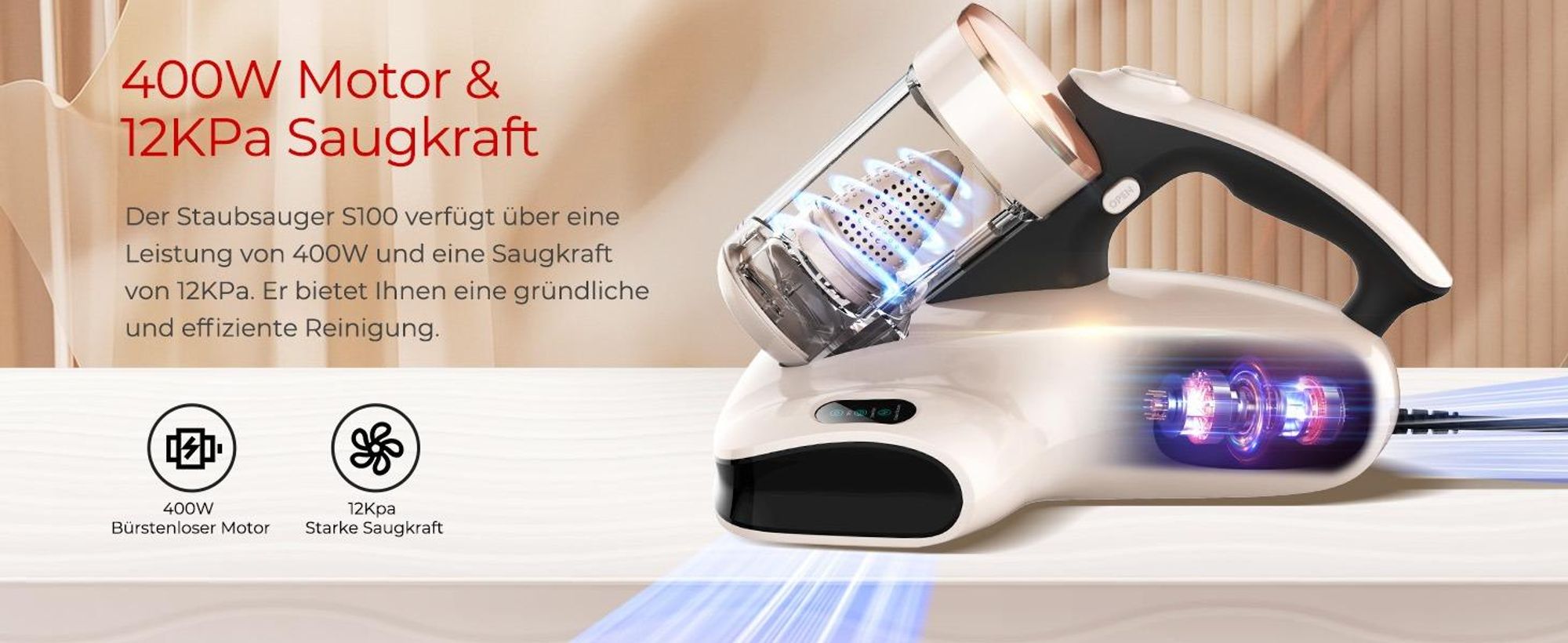 JIGOO S100 Matratzenstaubsauger: 350W, 12kPa, 80k/min Klopfen, UV-C 253.7nm, 55°C Heißluft, 99,9% Milbenentfernung