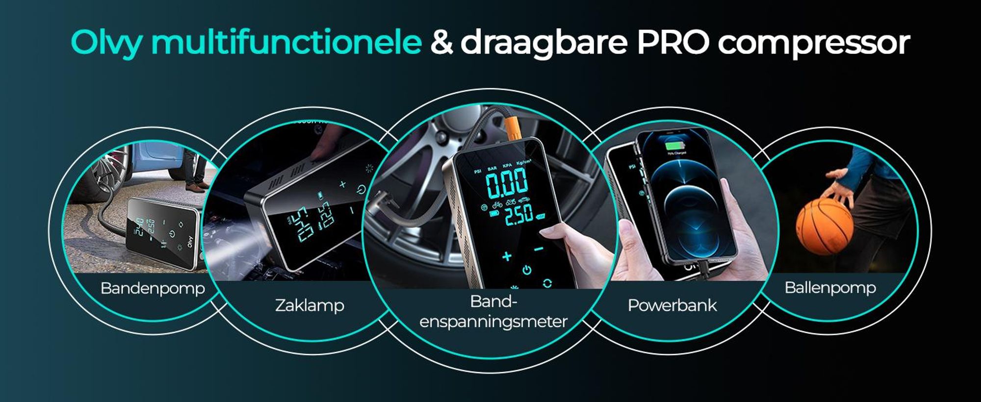 Olvy Luchtdrukpomp, Mini-bandenpomp, 7000mAh, Elektrische compressor, fietspomp, elektrische luchtpomp, mini-compressor, geschikt voor auto, fiets, ballen, en ook als powerbank