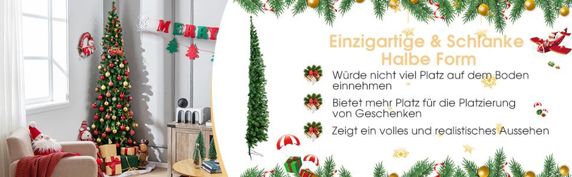 COSTWAY 210cm LED Weihnachtsbaum, platzsparender Christbaum mit 450 Zweigspitzen, 150 LED & Metallständer, schlanker Tannenbaum Kunstbaum für Innen