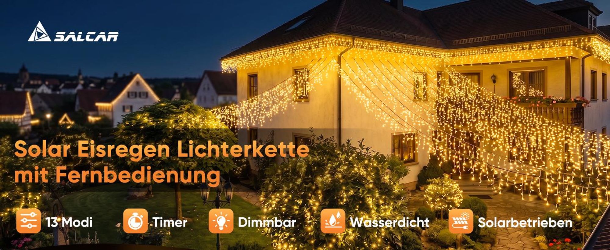 SALCAR Eisregen Lichterkette Solar Außen, 15.6M 480er LED Eiszapfen Lichtervorhang Fenster ,13 Modi Beleuchtung Solarlichterkette mit Fernbedienung
