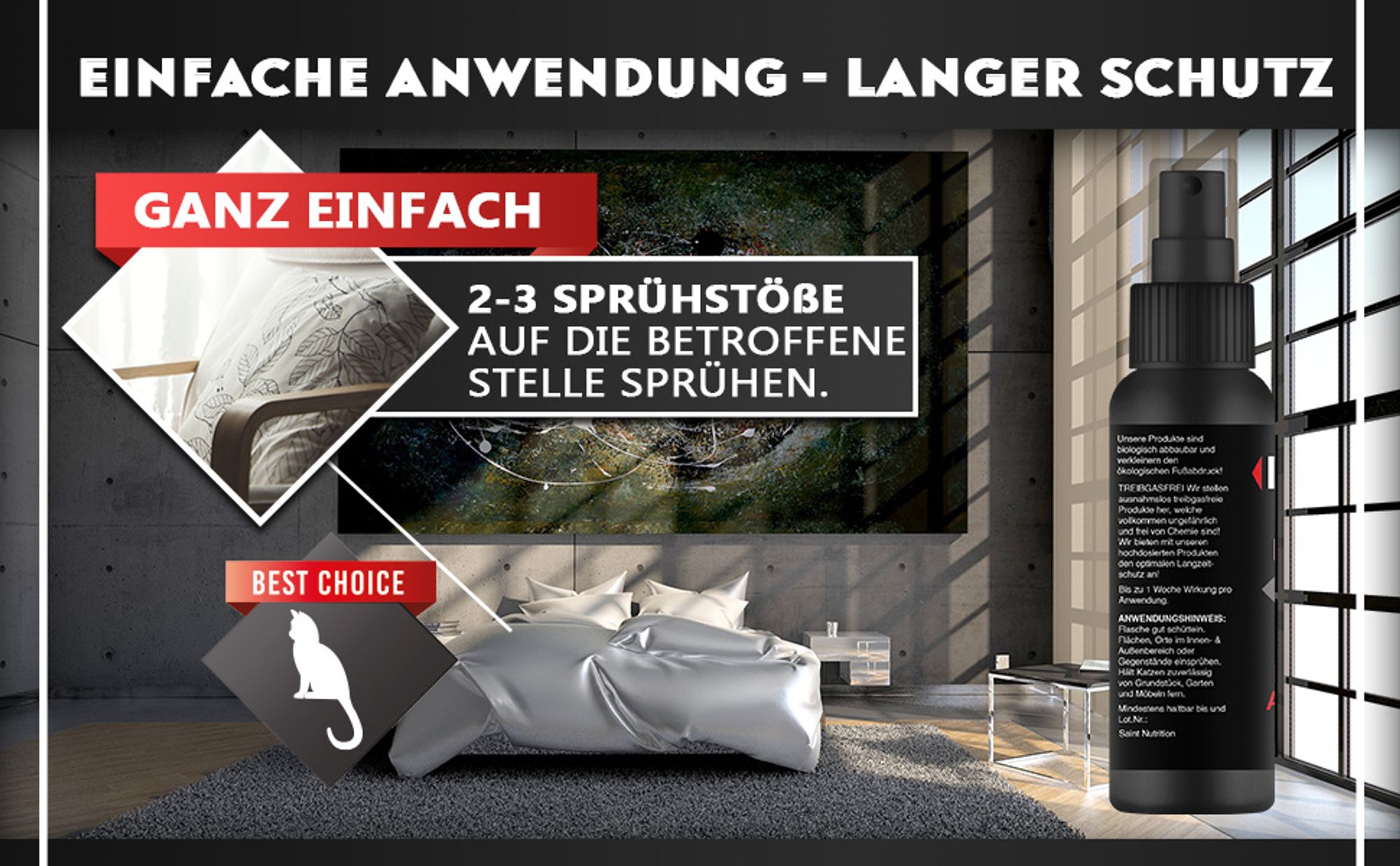 Katzenabwehr Spray für Polstermöbel, Teppiche, Holz und Garten, materialschonend