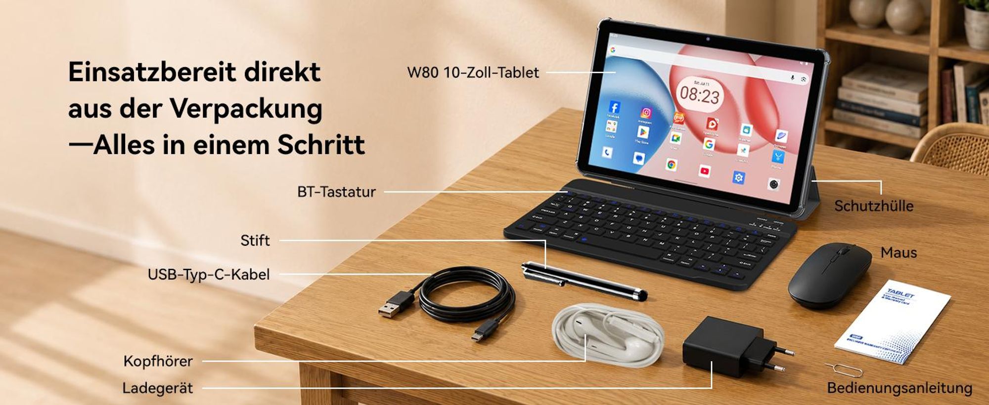 W80 10.1" 120Hz Tablet, 32+128GB/2TB, Android 16, 4G SIM+5G WIFI, Gemini AI 4.0, Widevine L1, 6000mAh, OTG, mit Tastatur/Maus/Stift/Schutzhülle Set