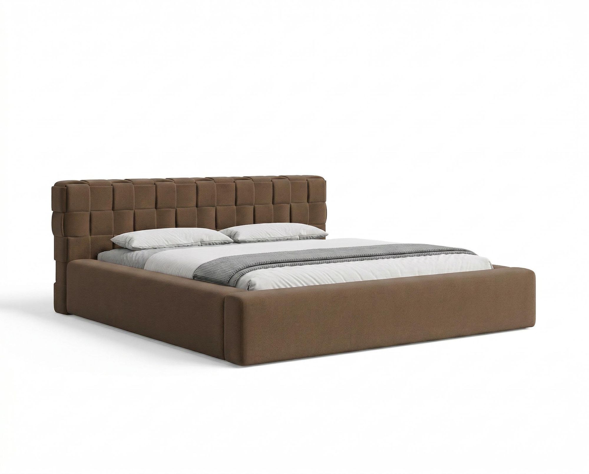 Chilly Möbel Design Bett Cube - Geometrisches Polsterbett mit Stauraum, Lattenrost und stabilem Metallrahmen 160x200 cm / Bouclé / Braun