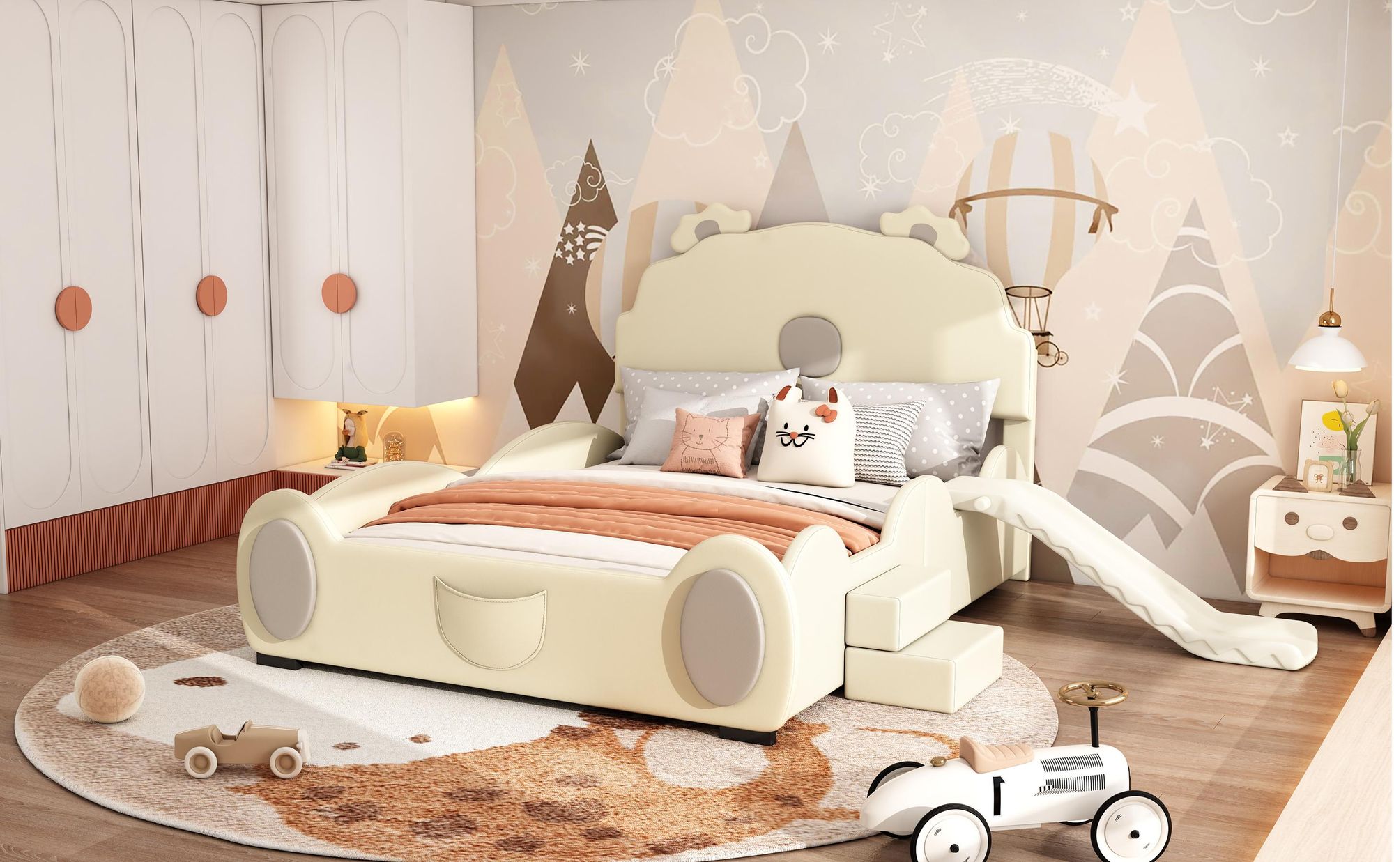 okwish Kinderbett Plattformbett 140×200 cm mit Leiter und Rutsche, Polsterbett Funktionelles für Jungen und Mädchen, Doppelbett mit LED-Farbwechsellicht und Kopfteil in Bärenform, Beige(Ohne Matratze)