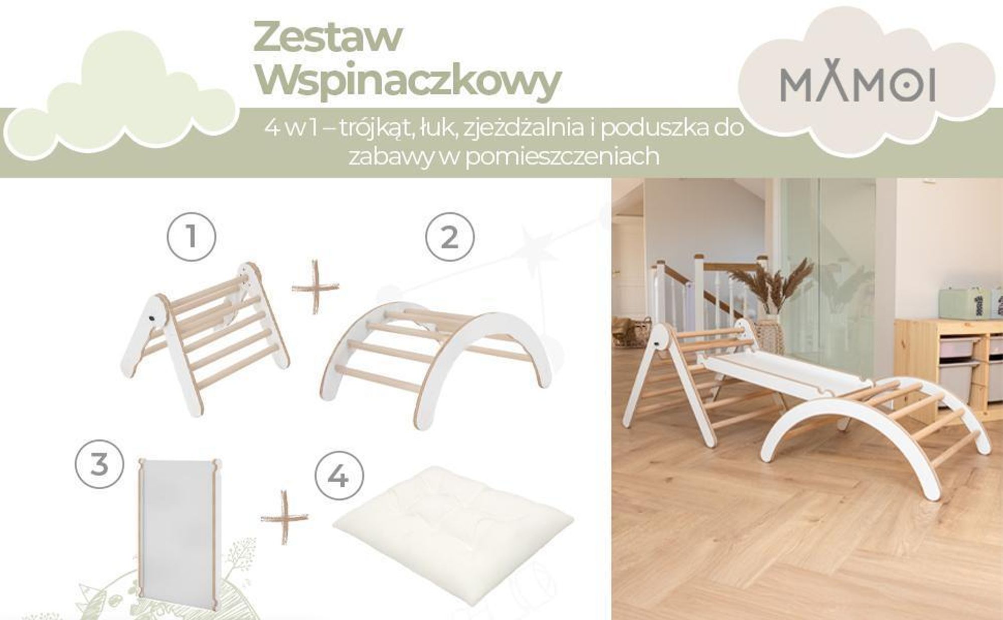 MAMOI® Zestaw Wspinaczkowy  4 w 1. Bujak + Zjeżdżalnia + Trójkąt + Poduszka, Zestaw Montessori z poduszkami, kryty plac zabaw dla dzieci 1-3 lat