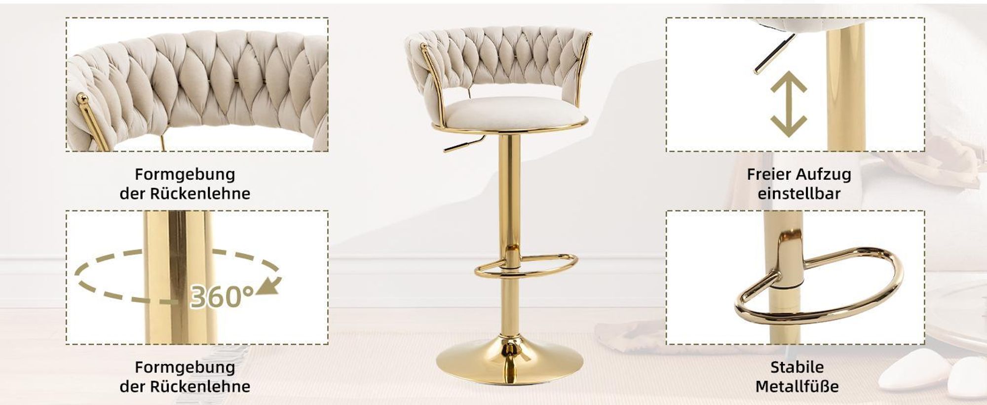 LVHOM 2er Set Barhocker Barstuhl mit Rückenlehne, Tresenhocker Samtbezug höhenverstellbar Hocker 360° drehbar, Goldene Metallsockel, Ivory