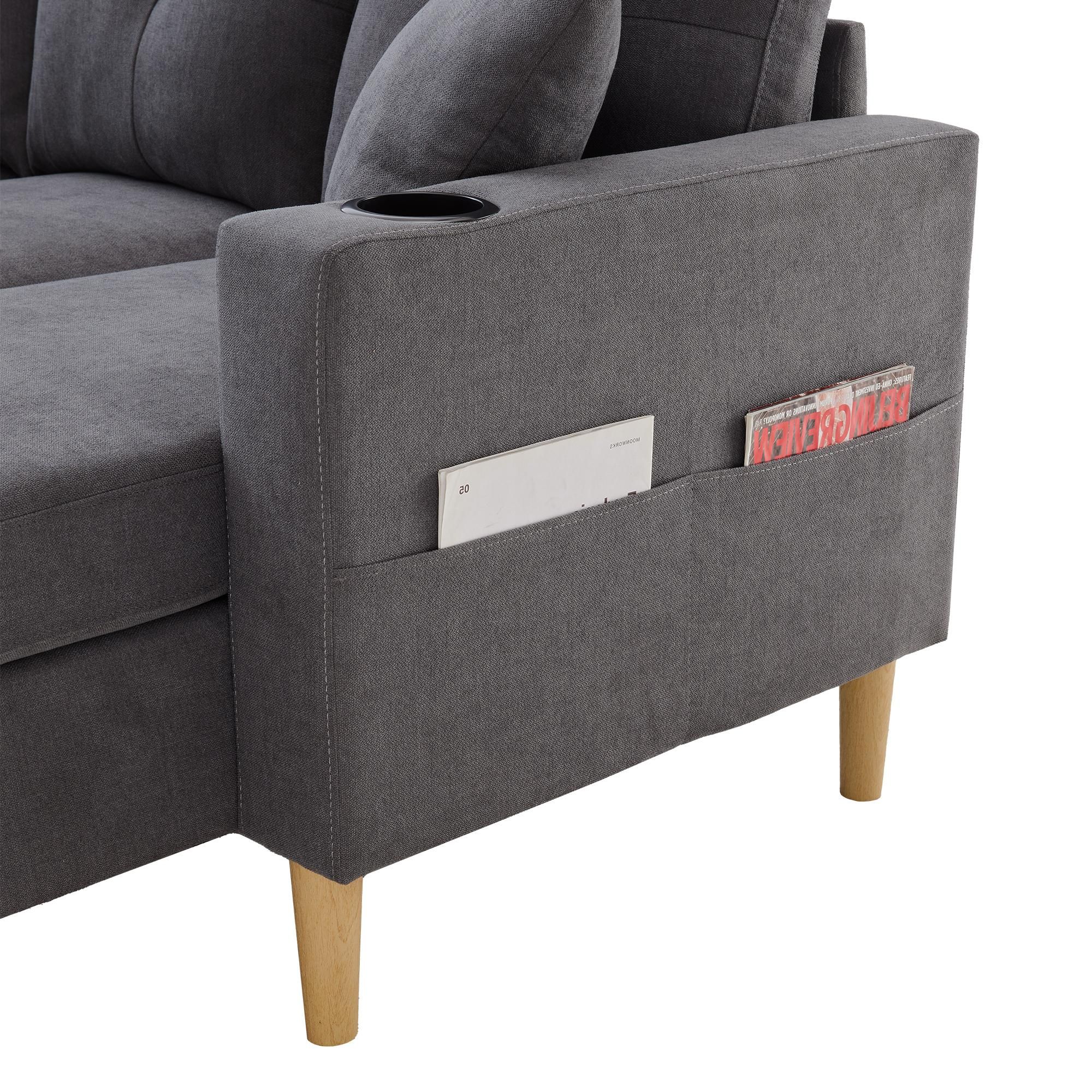 Merax Ecksofa, L-Form Sofa mit Bettkasten, Getränkehalter, 2 Kissen geliefert, Wohnzimmersofa, Couch, Couchgarnitur, Leinen, Dunkelgrau