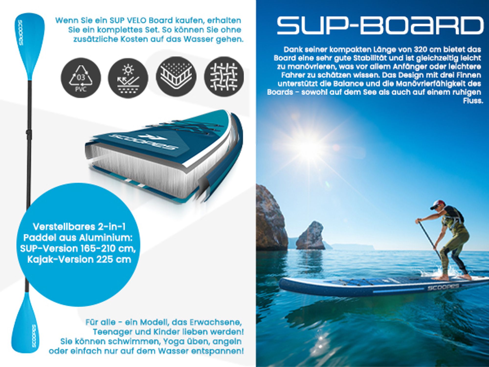 Stand Up Paddle Board 320 cm lang mit Fußring, Griff und Flossen