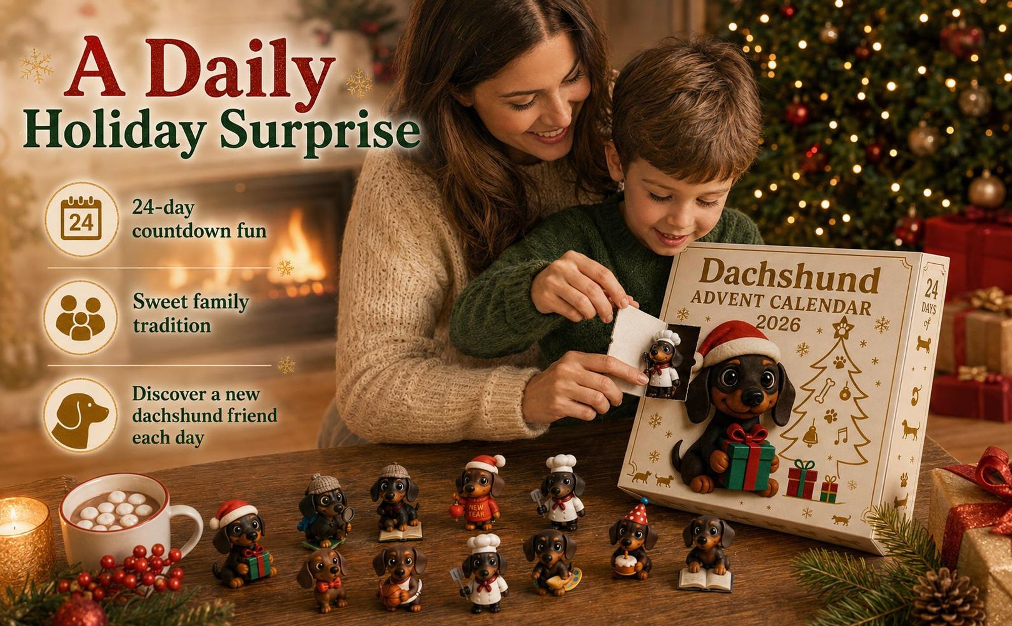 2026 Dachshund Adventskalender – 24 Tage 3D Dackel Figuren, Weihnachtsornamente & Geschenk für Hundefreunde