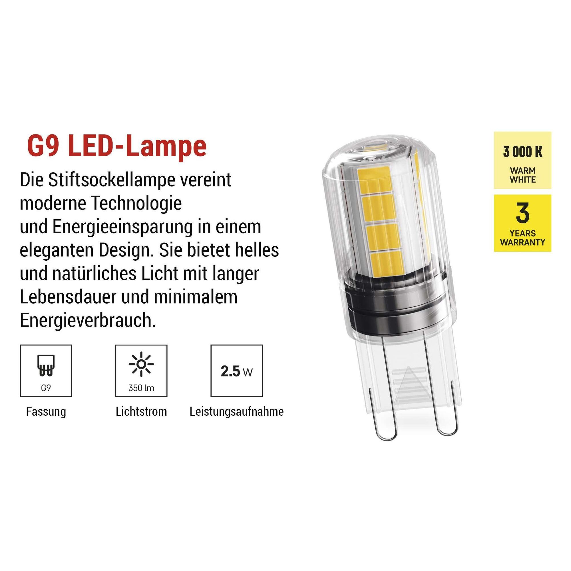 EMOS G9 LED Lampe CLASSIC 2,5 W, ersetzt 32 Watt Halogenlampe, G9 Pin Lampe JC mit Helligkeit 350 Lumen, Warmweiß 3000 Kelvin, langlebig, ZQ9D12