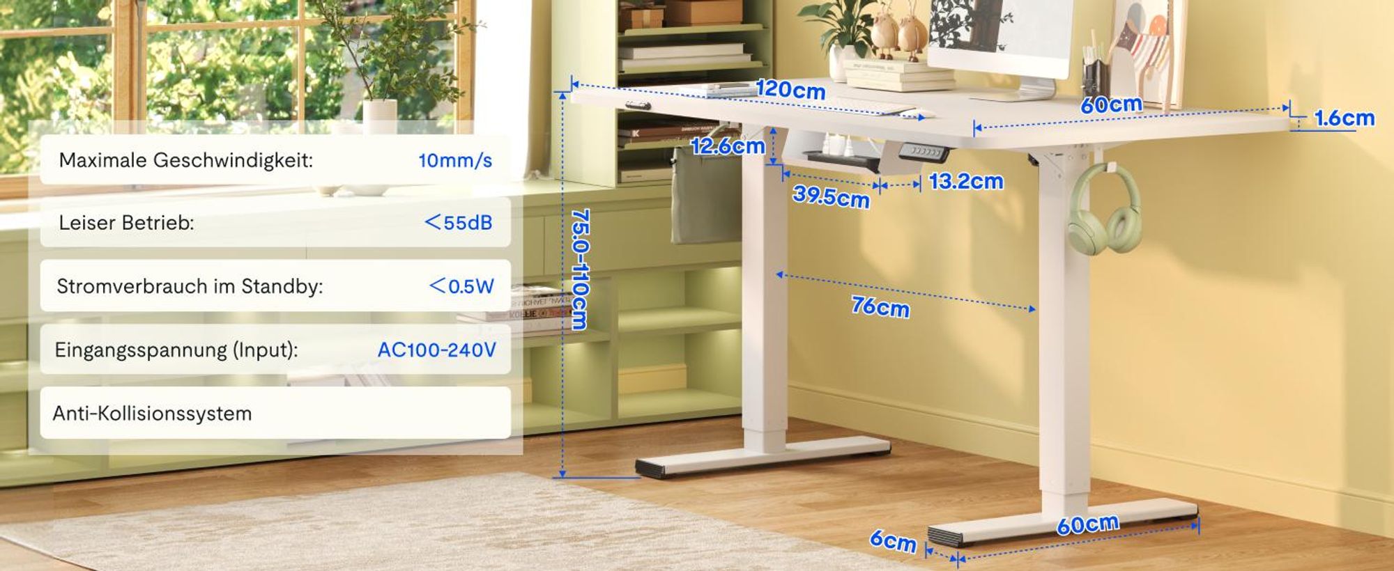 FLEXISPOT EN1 Höhenverstellbarer Schreibtisch 120x60cm elektrisch mit einteiliger Tischplatte, Kabelmanagement und Haken, 4 Memory-Funktion (Weiß)