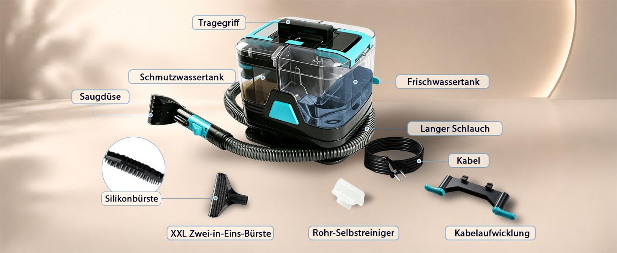 Grenintol Waschsauger 25.000 Pa, Teppichreiniger 400W, Nasssauger, 2 separate XL-Tanks 2,0L 0,8L, Polsterreiniger, Fleckenreiniger, Sofa Auto Matratze