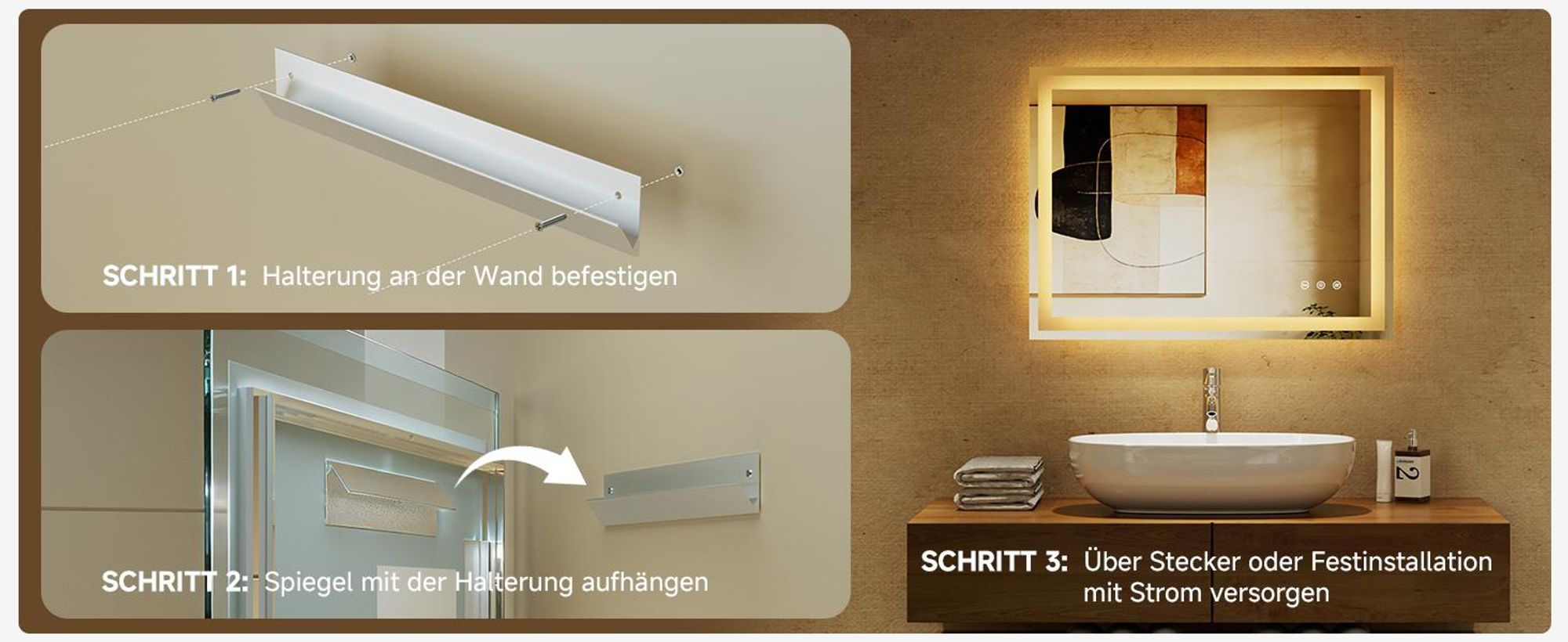 LED Badezimmerspiegel 90x70cm Rechteckig, 3 Lichtfarben Badspiegel mit Touch und Anti Beschlag, Dimmbar Badezimmer Spiegel, energiesparend Wandspiegel