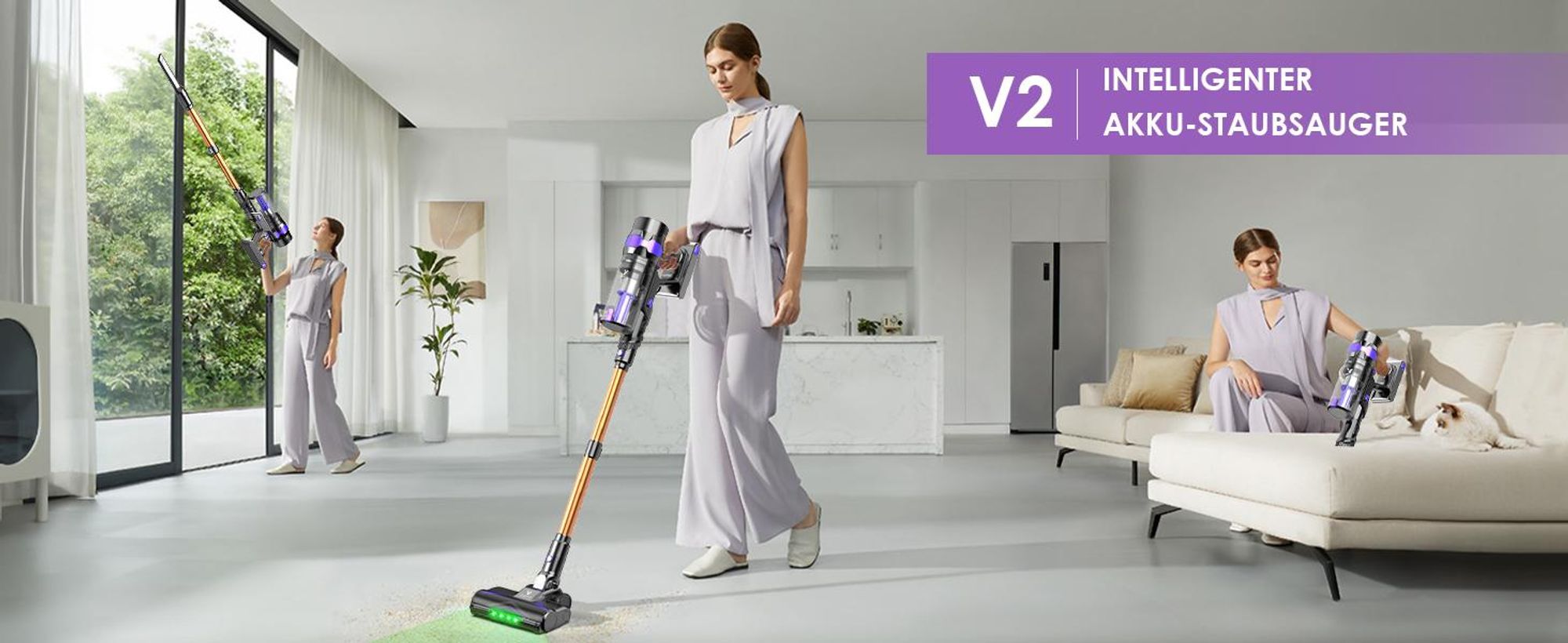 Vortisys 500W/80000Pa Staubsauger Kabellos, 60Min Akku Staubsauger, Staubsauger mit LED Display, GreenEye-Technologie, HEPA-Filtersystem & Anti-Verfil