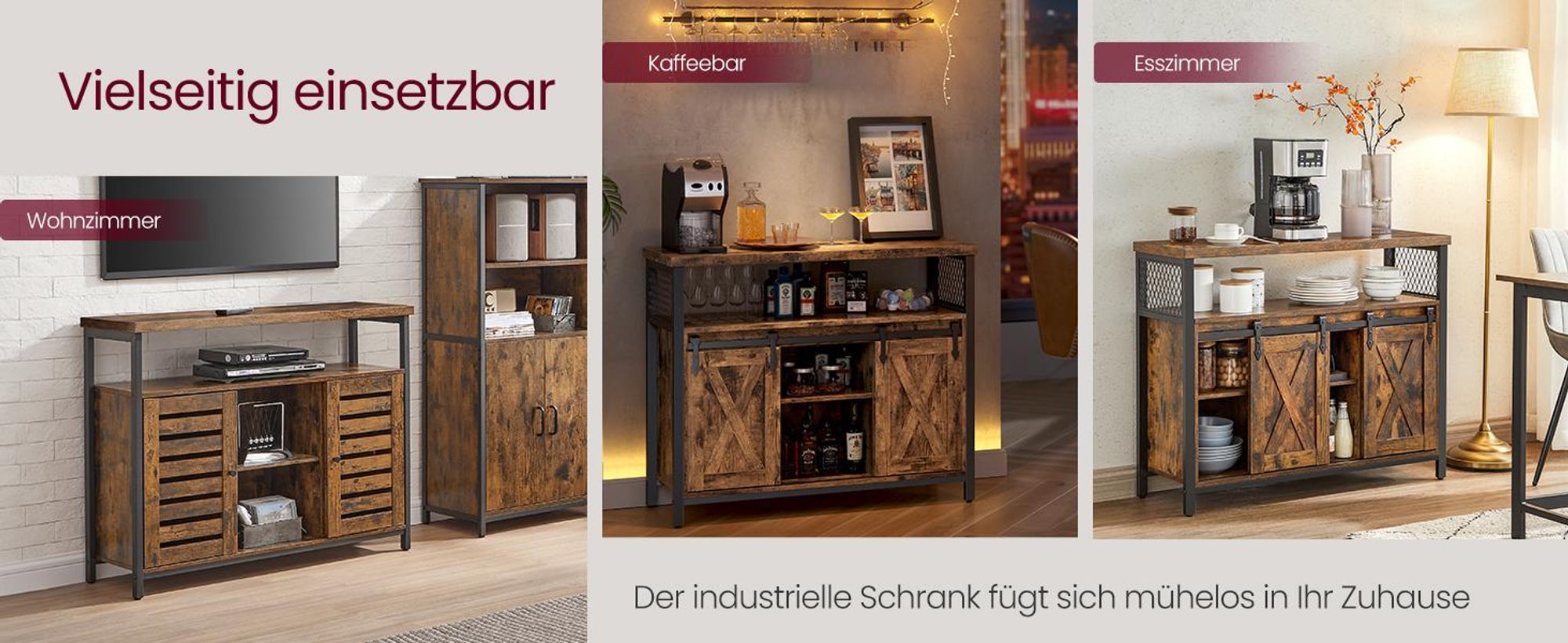 VASAGLE Sideboard Küchenschrank, mit 2 Schiebetüren, verstellbare Ablagen