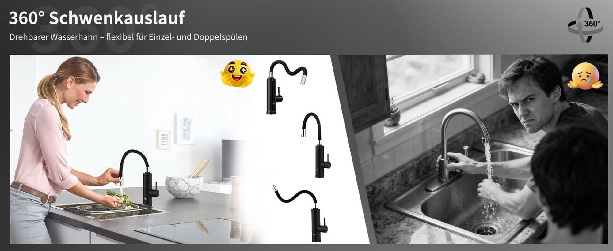 HOMELODY Elektrischer Wasserhahn mit Durchlauferhitzer 3300W, Armatur Küche 304 Edelstahl mit 360° Flexibler Schlauch LED Temperaturanzeige Schwarz