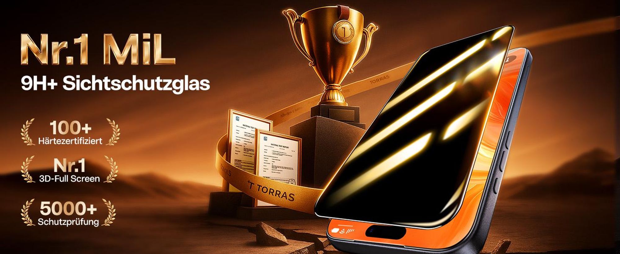 TORRAS für iPhone 17 Pro Max für Panzerglas Sichtschutz 9H Stoßfest Schutzfolie Anti-Spy Anti-Fingerabdruck 0 Blasen Folie Einfache Montage