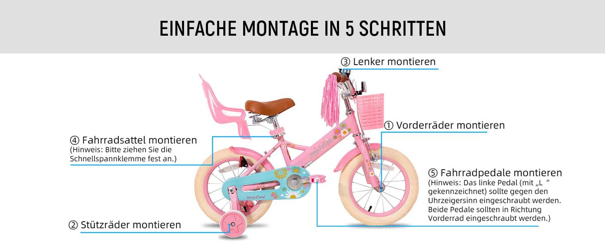 STITCH Kinderfahrrad 14 Zoll fahrrad für 2-7 Jahre Mädchen, Geschenk für Prinzessin,Mit Puppensitz, Bändern, Stützrädern, Korb, Weiß