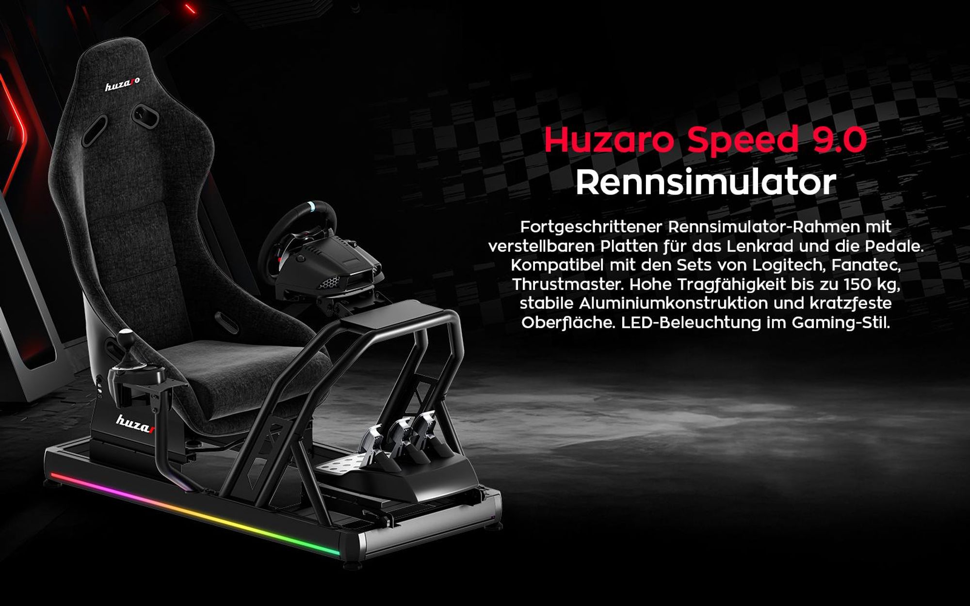 Huzaro Speed 9.0 | Racing Simulator Cockpit mit LED-Beleuchtungsfunktion F-GT | Frei verstellbar | mit allen Lenkrädern und Pedalen kompatibel 