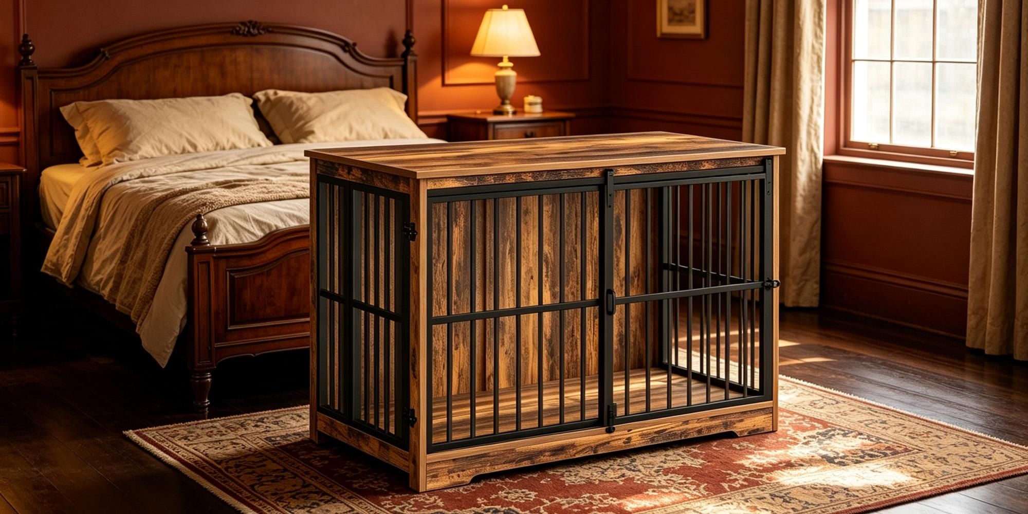 Hundekäfig Möbel, 119 cm Hundebox Möbel, 2 Türen, Vintage Braun | XXL Moderne Hundekäfig Indoor für Mittlere/Große Hunde, Beistelltisch