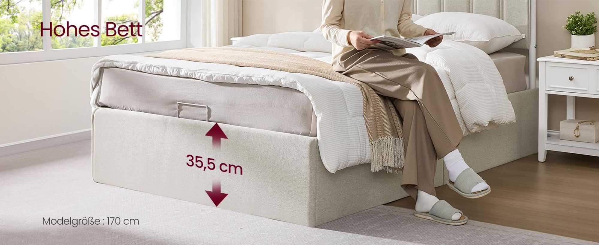 VASAGLE Bettgestell, 160 x 200 cm, hochklappbar Lattenrost, Stauraum unter dem Bett, mit Kopfteil, beige