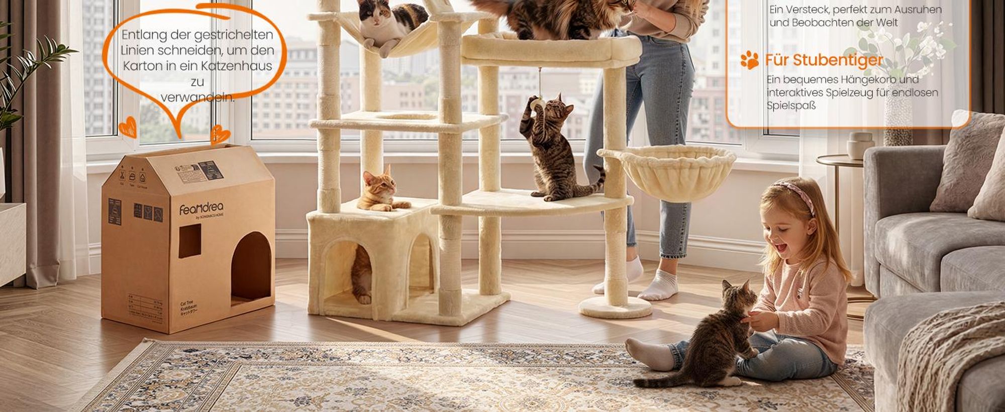 FEANDREA Kratzbaum für Große Katzen, Stabil mit 6 Ruhebereichen und Sisalstämmen, 105 x 45 x 188 cm, Beige