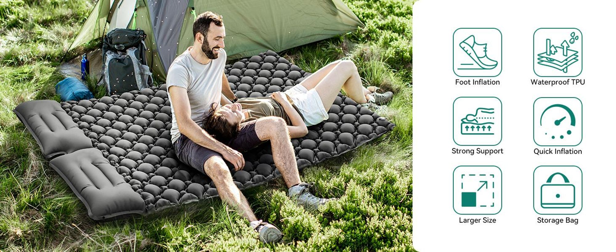 Isomatte Selbstaufblasend, Doppel-Camping-Isomatte, 2 Personen Camping Luftmatratze, mit Eingebaute Pumpe und Kissen, für Camping, Wandern, Reisen