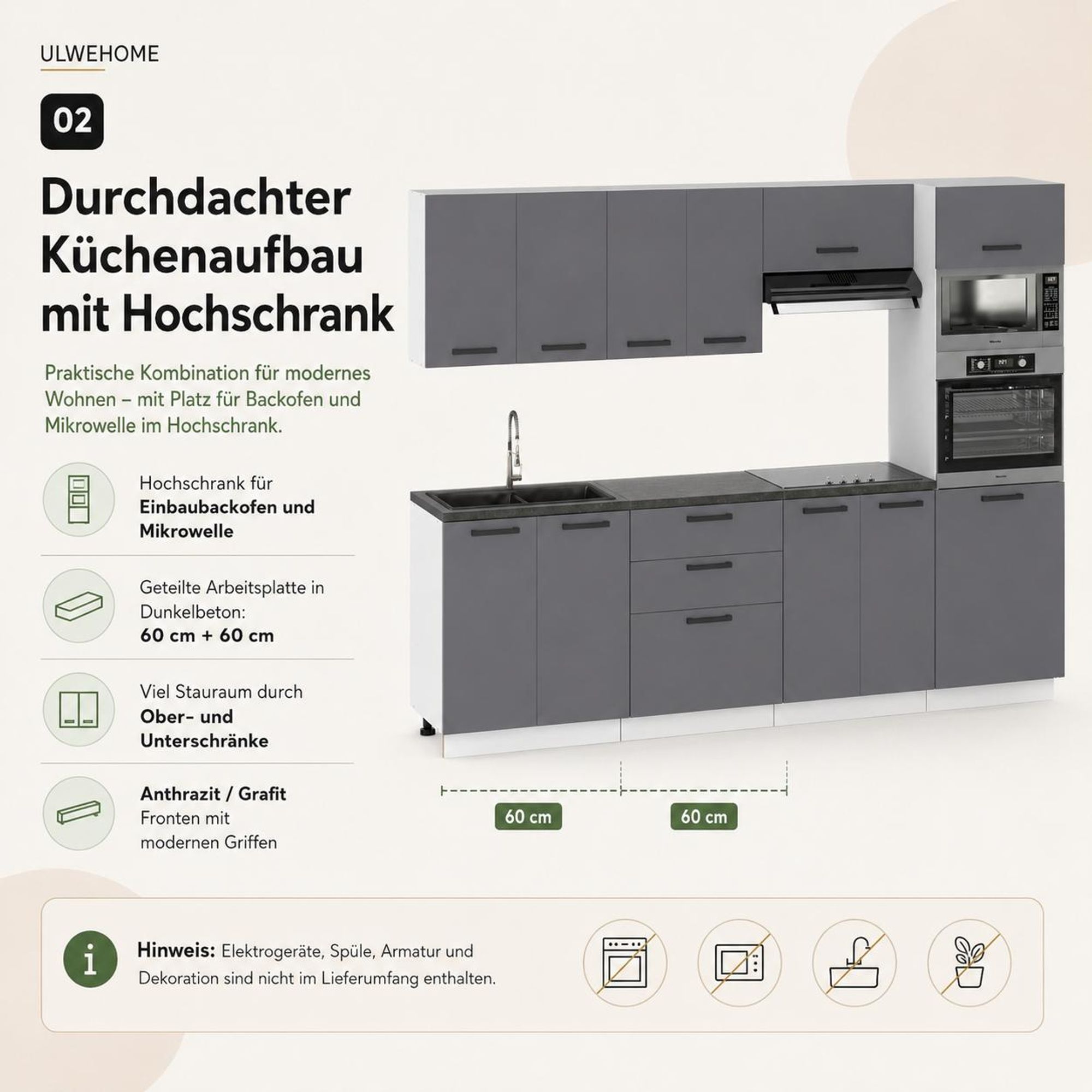 Durchdachter Küchenaufbau mit Hochschrank, Stauraum und 2 Arbeitsplatten à 60 cm.