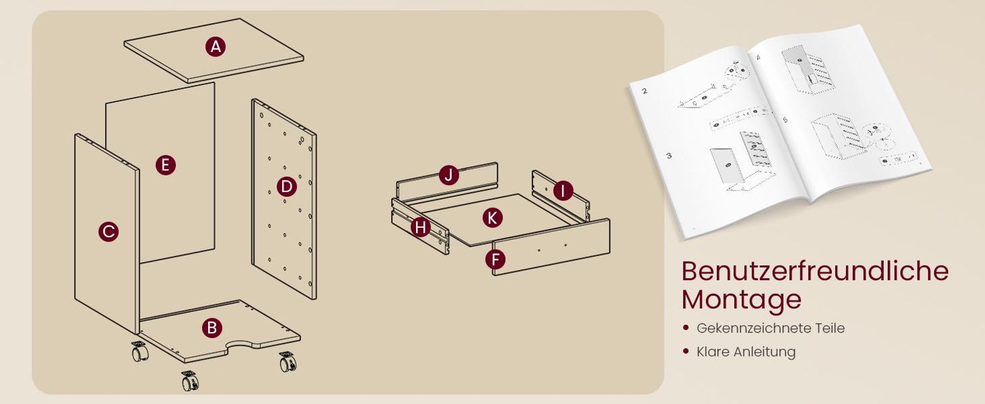 VASAGLE Rollcontainer, Aktenschrank, Schubladenschrank, Druckerständer, 5 Schubladen, mit werkzeuglosen Gleitschienen, braun