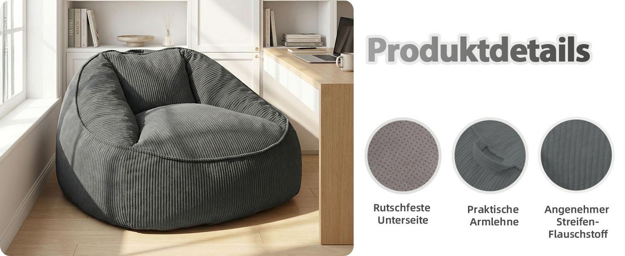 Übergroßer Sitzsack für Erwachsene, Füllung aus Schaumstoffflocken, flauschiges Bodensofa, birnenförmig, Grau