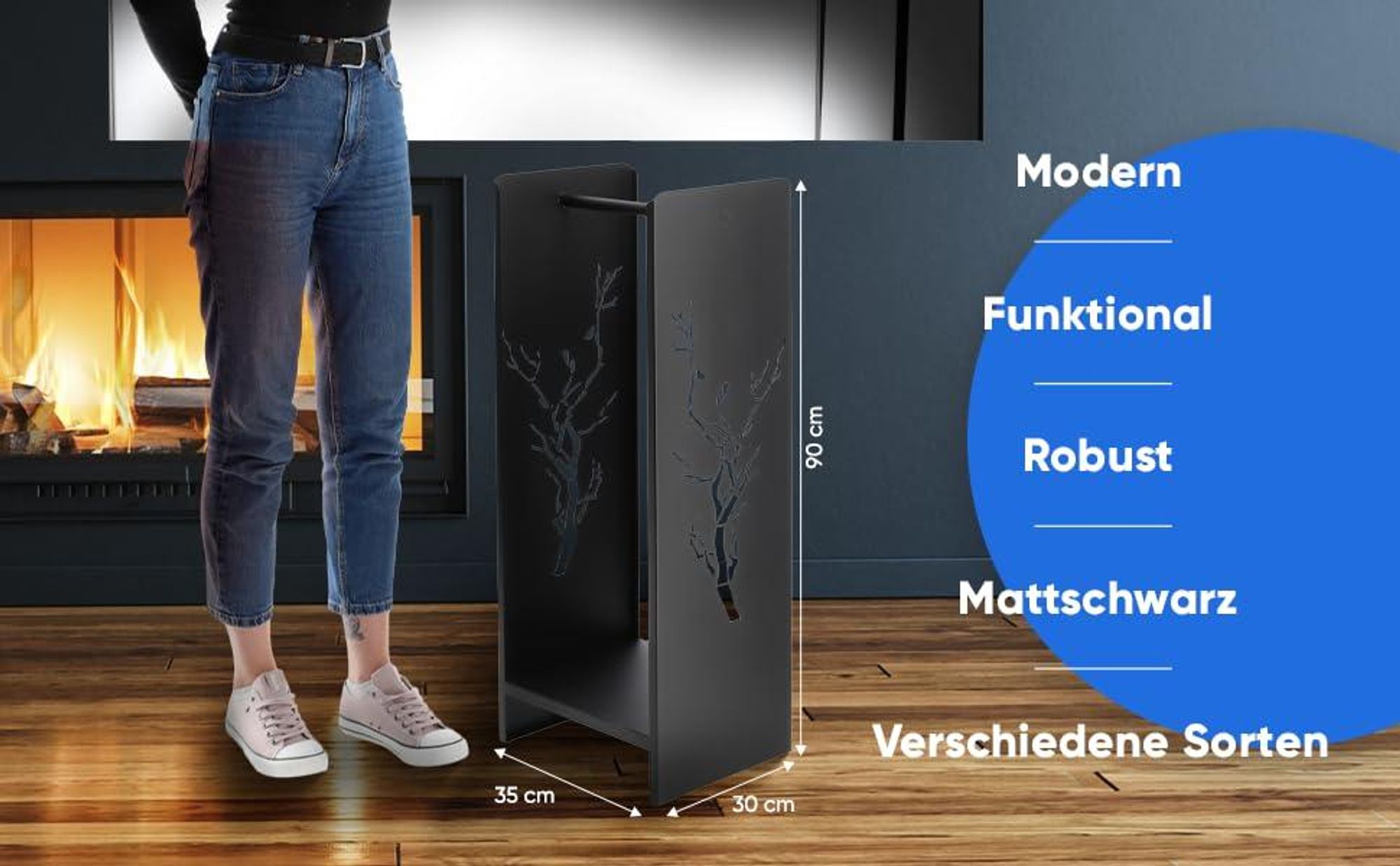 KADAX Kaminholzgestell aus stahl "Trovo", Kaminholzhalter, pulverbeschichtetes 90 cm, Schwarz