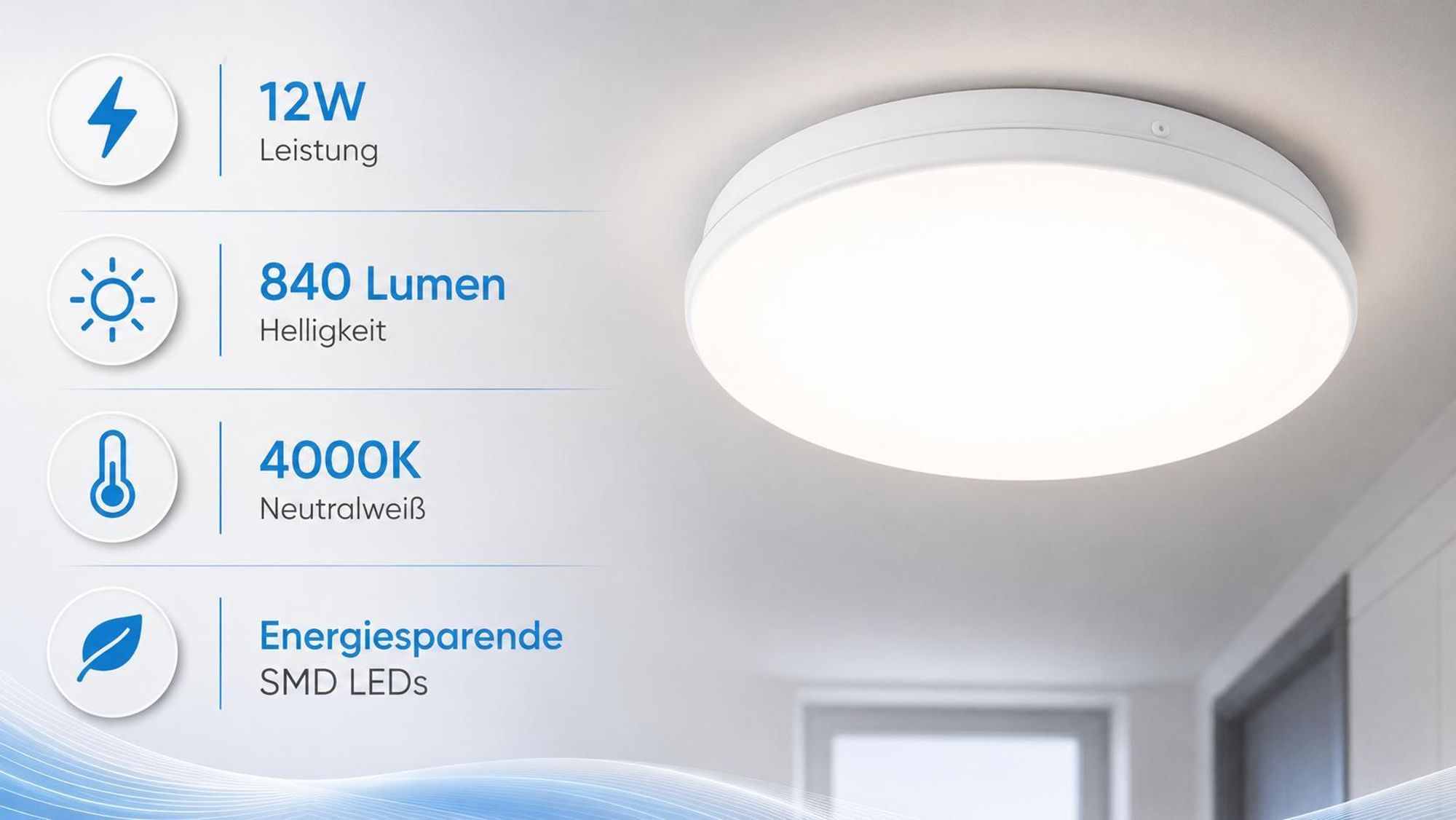 MasterLED LED Deckenleuchte IP44 12W 840lm Neutralweiß 4000K Flach Rund Modern Deckenlampe für Flur Küche Badezimmer