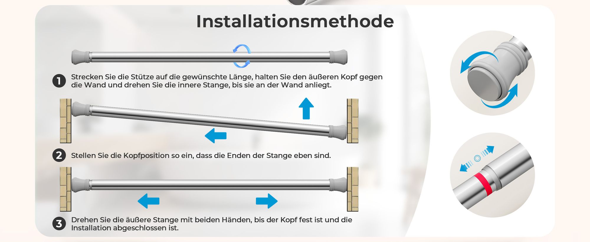 Heilmetz Duschstange Duschvorhangstange Teleskopstange 110-160cm, mit 12 Duschvorhangringe, Chrome Edelstahl Duschvorhang Duschstange