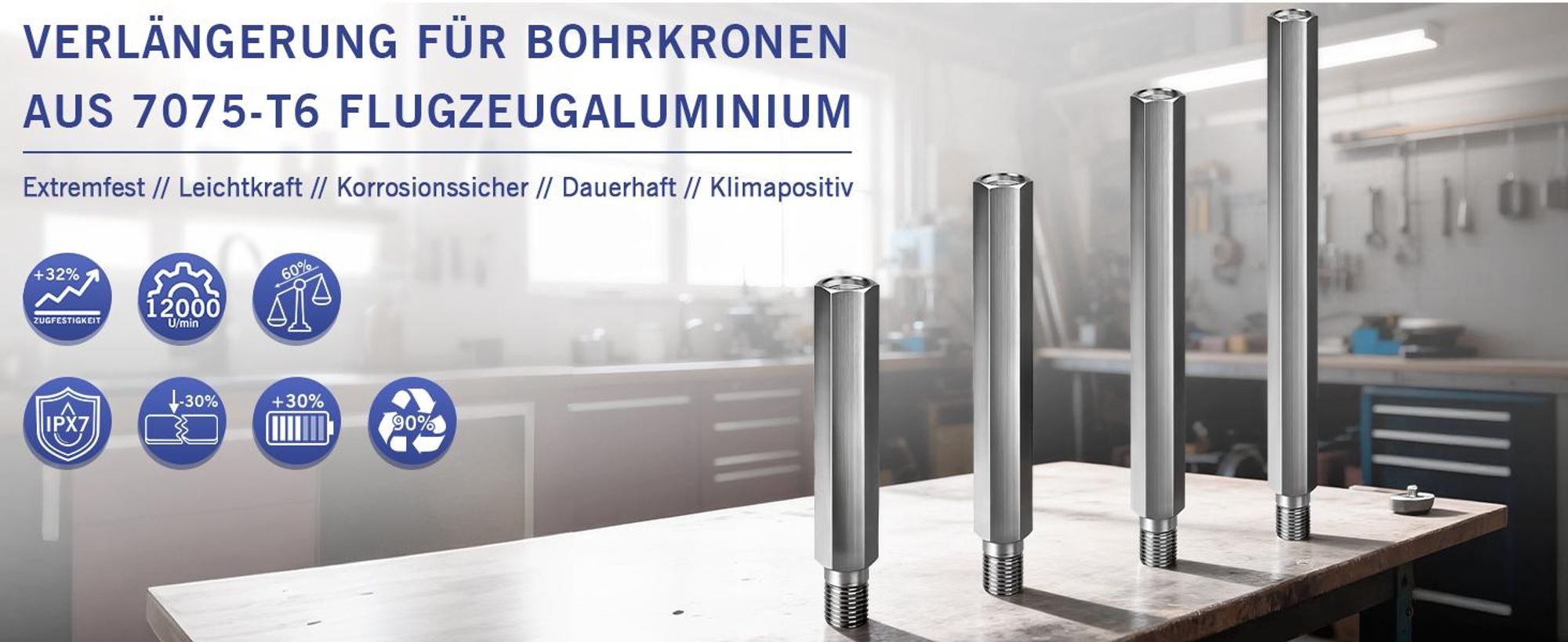 400mm Bohrkronen Verlängerung mit Anschluss 1 1/4'' UNC, 7075-T6 Flugzeugaluminium, Verlängerungsstange für Kernbohrer Diamantbohrkrone