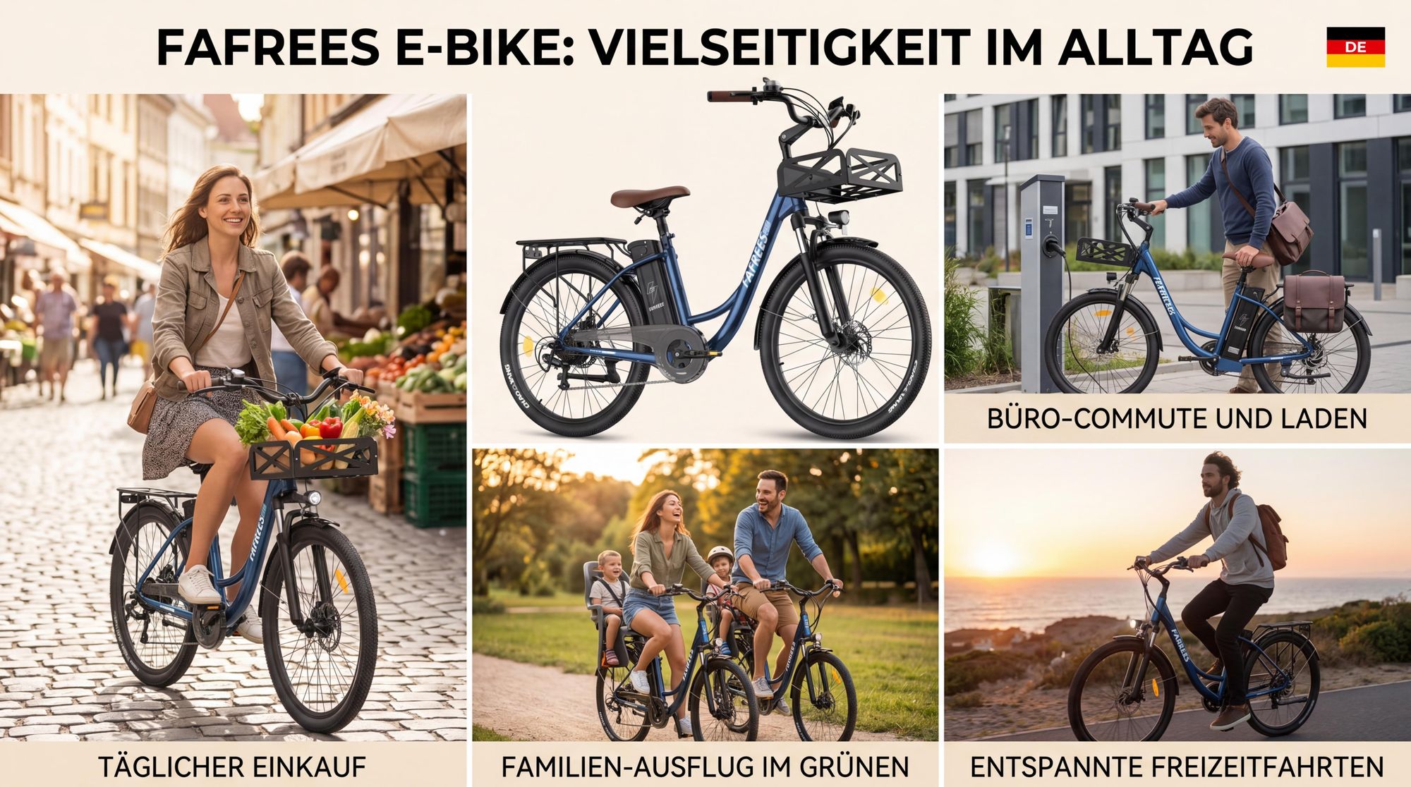 City E-Bike 26" 158 - 198 cm Pannensichere Reifen 36 V 250 W bis zu 160 - 200 km Wasserdicht IP54 mit 7 Gang, Blau